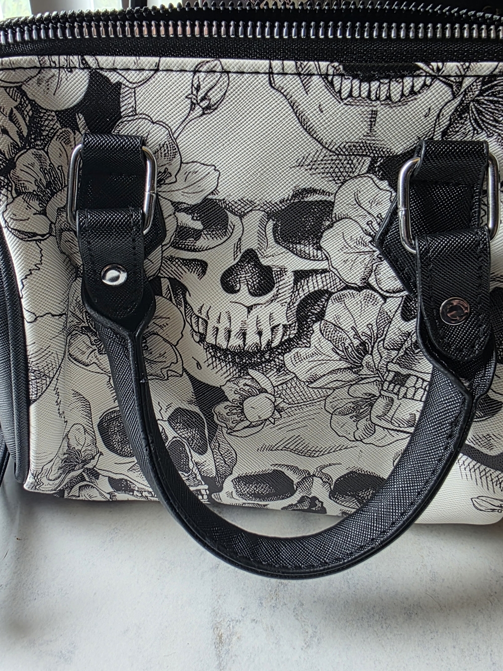 Skull & Floral Black and White Satchel Handbag
